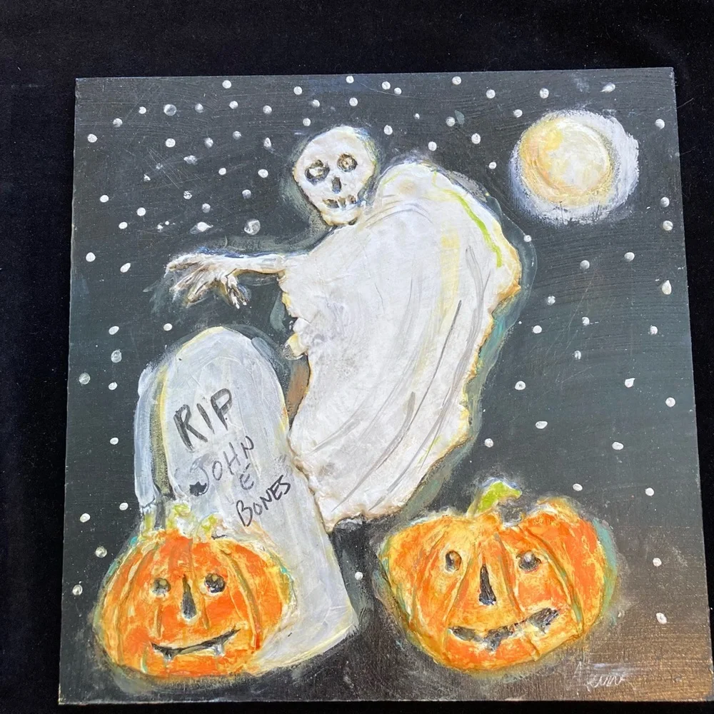 Graveyard Pumpkins ” acrylic &  Paper Clay Handmade Original 12”x12”onWood Panel
